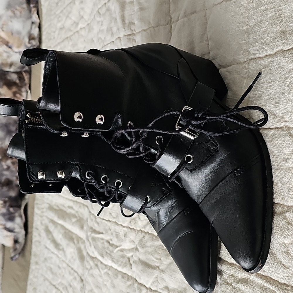 AllSaints Katy lace up heeled leather boots with buckle in black - Picture 2 of 12